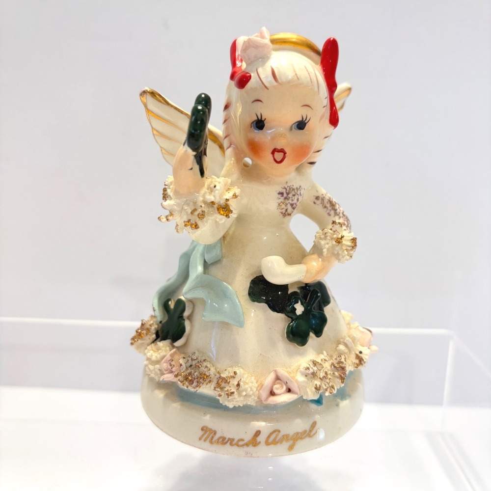 Napco March Angel Figurine St Patricks Day Shamrock Spaghetti Trim A403N Japan